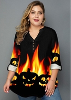 ROTITA Plus Size Split Neck Halloween Print Blouse