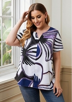 ROTITA Plus Size Split Neck Printed Blouse