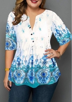ROTITA Plus Size Split Neck Tribal Print Button Detail Blouse