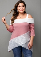 ROTITA Plus Size Strappy Cold Shoulder Lace Panel T Shirt