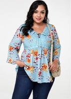 ROTITA Plus Size Tie Front Floral Print Blouse