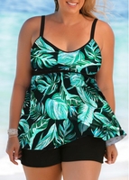 ROTITA Plus Size Tropical Print Spaghetti Strap Tankini Set