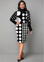 ROTITA Polka Dot Bow Collar Lantern Sleeve Dress