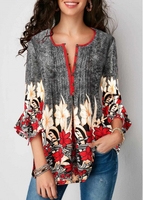 ROTITA Printed Button Up Pleated Three Quarter Sleeve Blouse