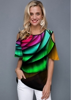 ROTITA Printed Rainbow Color Cold Shoulder T Shirt