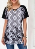 ROTITA Raglan Sleeve Keyhole Neckline Tribal Print T Shirt