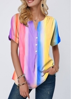 ROTITA Rainbow Color Button Detail Tie Dye Print Blouse