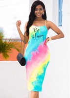 ROTITA Rainbow Color Spaghetti Strap Letter Print Dress
