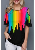 ROTITA Rainbow Print Cold Shoulder Black T Shirt