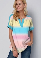 ROTITA Rainbow Striped Gradient Split Neck Tie Dye Blouse