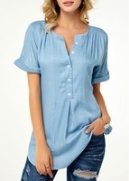 ROTITA Roll Sleeve Button Front Split Neck Denim Blouse