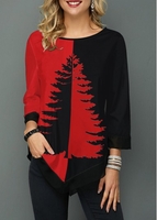 ROTITA Round Neck Asymmetric Hem Tree Print T Shirt