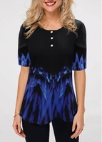 ROTITA Round Neck Button Detail Chevron Print T Shirt