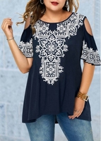 ROTITA Round Neck Cold Shoulder Tribal Print Blouse