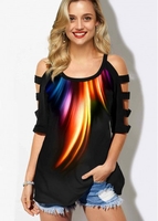 ROTITA Round Neck Rainbow Color Cold Shoulder T Shirt