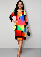 ROTITA Round Neck Rainbow Color Geometric Print Dress
