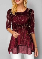 ROTITA Round Neck Red Long Sleeve Velvet T Shirt