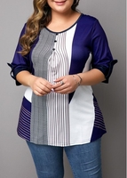 ROTITA Round Neck Striped Button Detail T Shirt