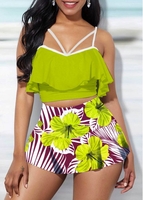 ROTITA Ruffle Overlay Spaghetti Strap Swimwear Top and Floral Print Pantskirt