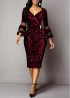 ROTITA Sequin Detail Mesh Panel Flare Sleeve Sheath Dress