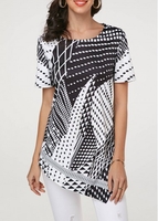 ROTITA Short Sleeve Asymmetric Hem Geometric Print T Shirt