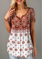 ROTITA Short Sleeve Half Button Tribal Print Blouse