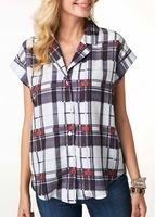 ROTITA Short Sleeve Plaid Print Button Up Blouse