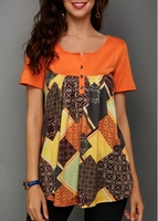 ROTITA Short Sleeve Printed Button Detail Blouse