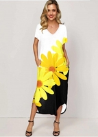 ROTITA Side Pocket Daisy Print Color Block Maxi Dress