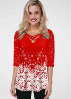 ROTITA Snowflake Print Lace Panel Cross Strap T Shirt