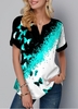 ROTITA Split Neck Butterfly Print Short Sleeve Blouse
