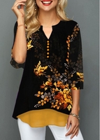 ROTITA Split Neck Button Detail Flower Print Blouse