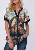 ROTITA Split Neck Button Detail Giraffe Print Blouse