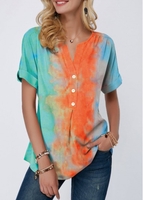 ROTITA Split Neck Button Detail Tie Dye Print T Shirt