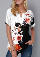 ROTITA Split Neck Floral Print Short Sleeve Blouse