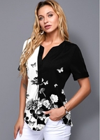 ROTITA Split Neck Floral Print Short Sleeve Blouse