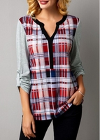 ROTITA Split Neck Long Sleeve Plaid Print T Shirt