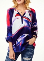 ROTITA Split Neck Roll Tab Sleeve Printed Blouse