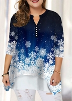 ROTITA Split Neck Snowflake Print Long Sleeve Blouse