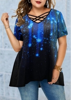 ROTITA Starry Night Print Cross Strap Short Sleeve Blouse