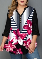 ROTITA Stripe and Floral Print Plus Size Blouse