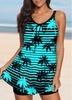 ROTITA Stripe and Tropical Print Cyan Swimdress Top