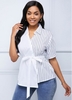 ROTITA Stripe Print Asymmetric Hem Belted Blouse