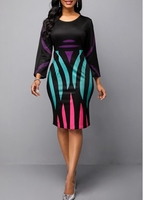 ROTITA Stripe Print V Neck Three Quarter Sleeve Sheath Dress