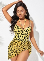 ROTITA Tie Side Leopard Cross Strap One Piece Swimwear