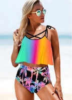ROTITA Tree Print High Waist Spaghetti Strap Multi Color Takini Set