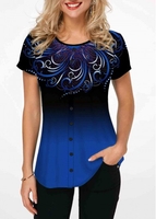 ROTITA Tribal Print Blue Gradient Short Sleeve T Shirt