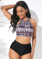 ROTITA Tribal Print Halter Strappy Back Bikini Set