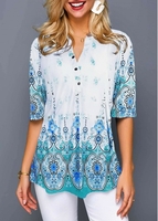 ROTITA Tribal Print Split Neck Button Front Blouse