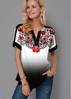 ROTITA Tribal Print Split Neck Gradient Blouse